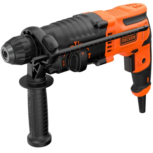 A BLACK+DECKER electric rotary hammer drill, model BEHS01, in black and orange with a side handle and depth gauge, used for drilling and hammering tasks.