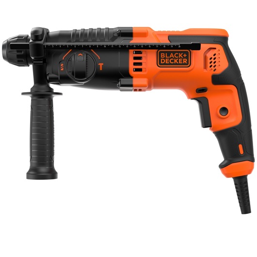 A BLACK+DECKER electric hammer drill, featuring a side handle and an orange and black body with a visible brand logo. The tool is shown from the side against a white background.