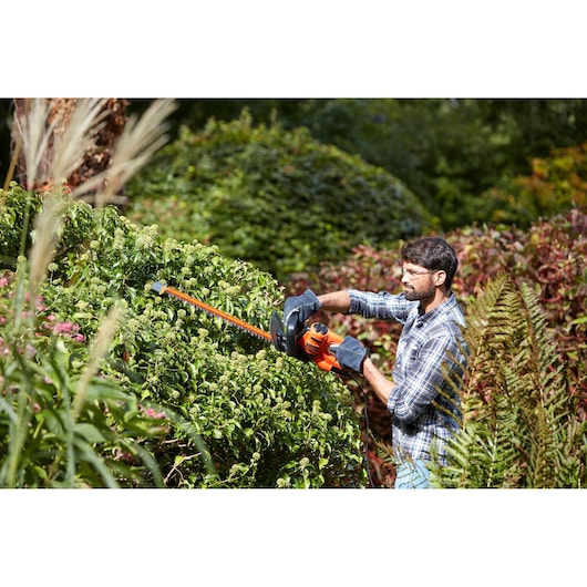 BLACKDECKER BEHTS301 hedge trimmer used outdoors by person in gloves, trimming green bushes.
