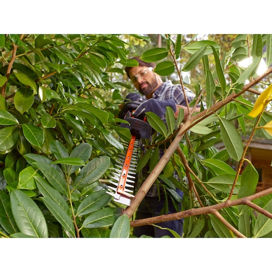 BLACKDECKER hedge trimmer BEHTS451 cutting thick branches among dense green leaves outdoors.