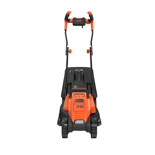 BLACKDECKER BEMW451BH electric lawn mower, front angle, orange and black, 32cm cutting width.