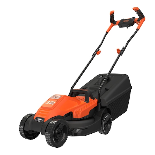 BLACKDECKER BEMW451BH orange and black lawn mower, side angle on white background, large rear grass box.