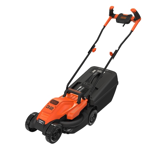 BLACKDECKER BEMW451BH orange and black electric lawn mower, three-quarter angle, photography.