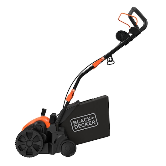 A BLACK+DECKER electric lawn edger with a black and orange design, featuring a handle, wheels, and a grass collection box, shown on a white background.