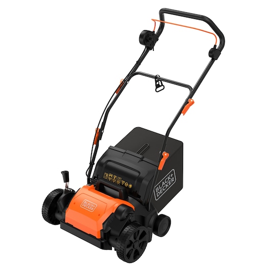 A BLACK+DECKER electric lawn scarifier with black and orange coloring, featuring four wheels, a handlebar with control levers, and a grass collection bag.