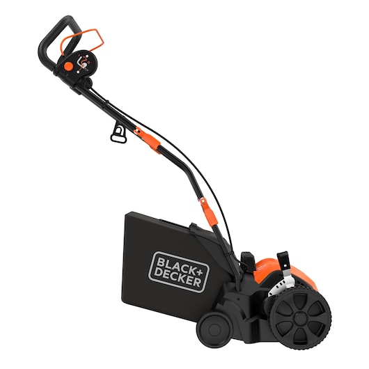 BLACK+DECKER electric lawn mower with a black and orange design, featuring a handle with controls and a grass collection box.