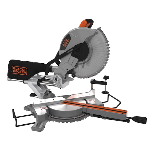 A BLACK+DECKER miter saw with a sliding mechanism, dust collection bag, and an adjustable base, shown against a white background.