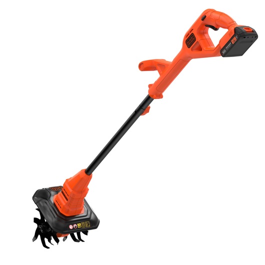 A BLACK+DECKER cordless electric tiller with orange and black design, featuring a handle and spinning blades at the bottom for soil cultivation.