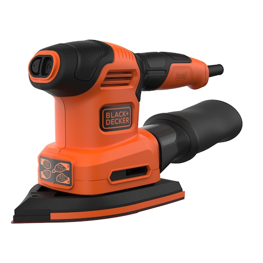 A BLACK+DECKER electric sander with an ergonomic orange and black design and a dust collection attachment.