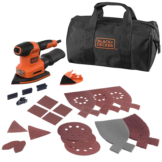 BLACK+DECKER sanding kit including an orange and black electric sander, various sanding pads in different shapes and grits, attachments, and a black carrying bag with the BLACK+DECKER logo.