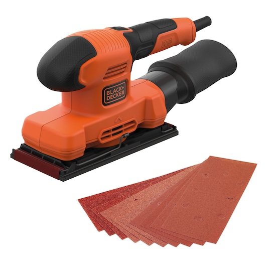 BLACKDECKER BEW220KAX orange and black sheet sander with dust bag and sanding sheets, front angle.