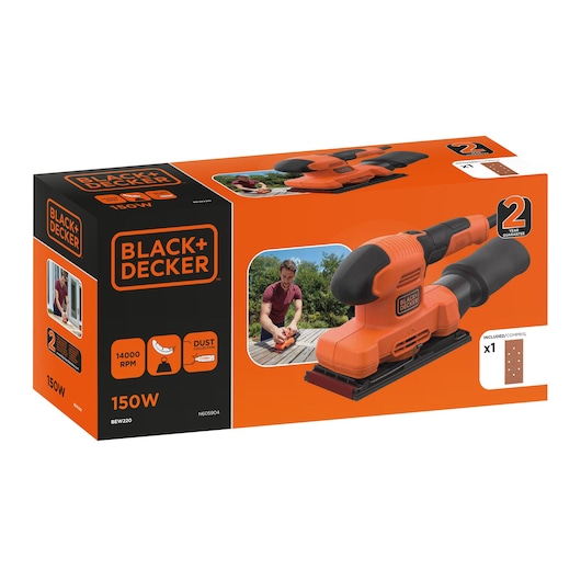 Photo of BLACK+DECKER BEW220 orange and black sander, 150W, dust collector, box packaging front angle.