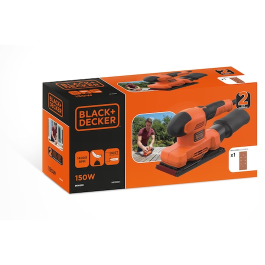 BLACK+DECKER BEW220 orange sheet sander box, photo shows tool, sanding sheet, 150W, front angle.