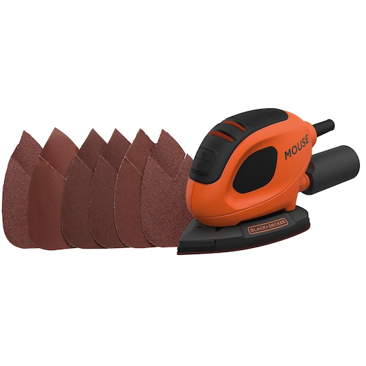 BLACK+DECKER mouse detail sander in orange and black, with six brown sanding sheets displayed in front.