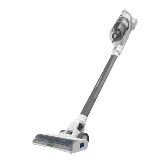 BLACKDECKER BHFEA420J cordless stick vacuum, white and gray, side angle on white background.
