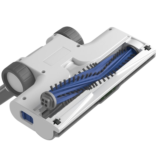 BLACK+DECKER BHFEA420J vacuum cleaner floor brush head with blue rotating brush and gray wheels, top angle.