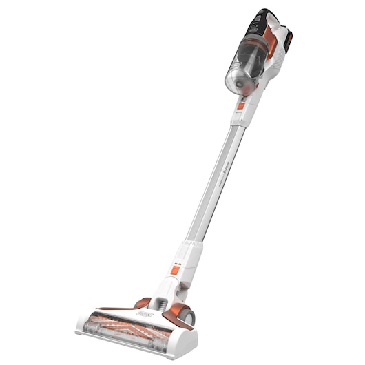A cordless stick vacuum cleaner with a white and orange design, featuring a transparent dust container and a long handle. The product is branded BLACK+DECKER.