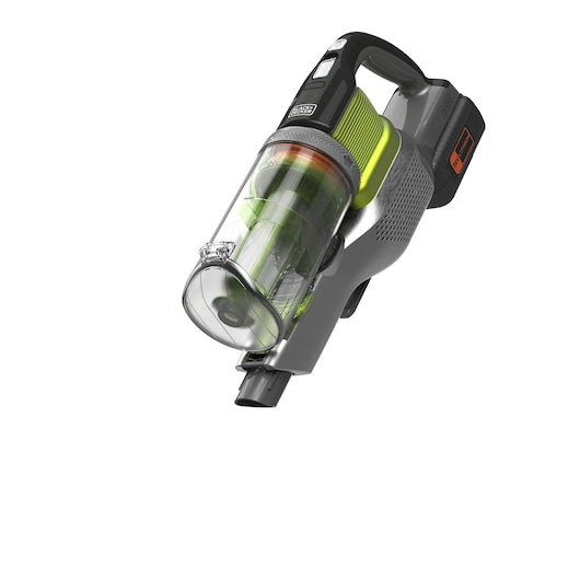 A handheld cordless vacuum cleaner by BLACK+DECKER, featuring a transparent dust container, visible filter mechanism, and a black and green design with battery pack attached.