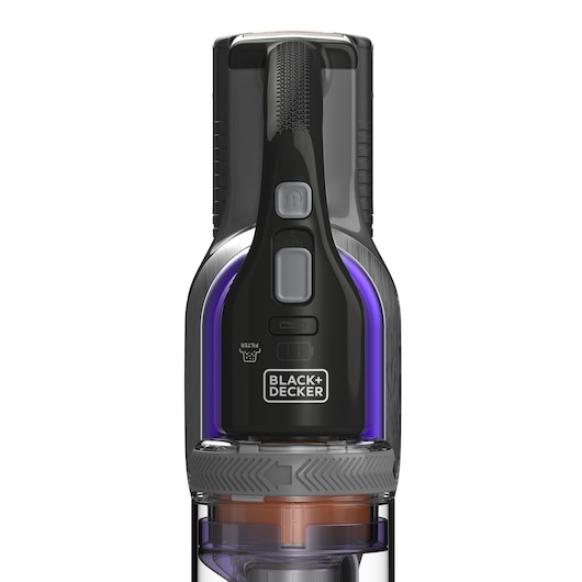 Close-up front view of a BLACK+DECKER cordless vacuum cleaner, showing its handle, control buttons, and brand logo.