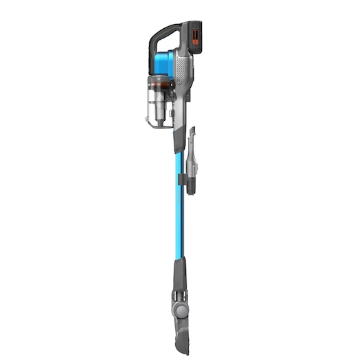 A cordless stick vacuum cleaner with a blue shaft, transparent dust container, and removable accessories, shown in a vertical position against a white background.
