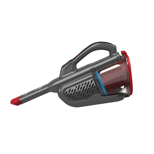 A BLACK+DECKER handheld cordless vacuum cleaner in a dark grey and red color scheme, shown in a side profile view with a slim nozzle and ergonomic handle.
