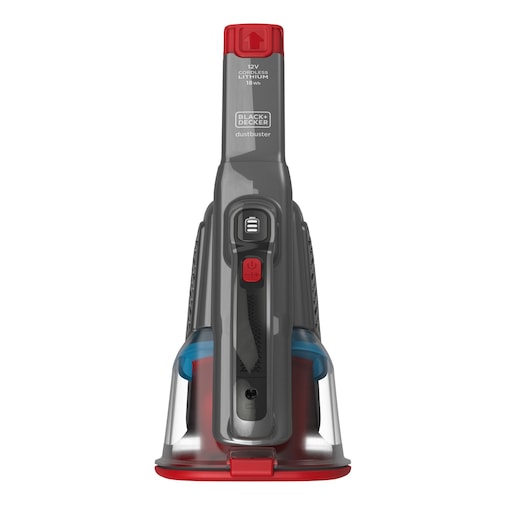BLACK+DECKER BHHV315J handheld vacuum front angle, gray and red design, dustbuster, white background.