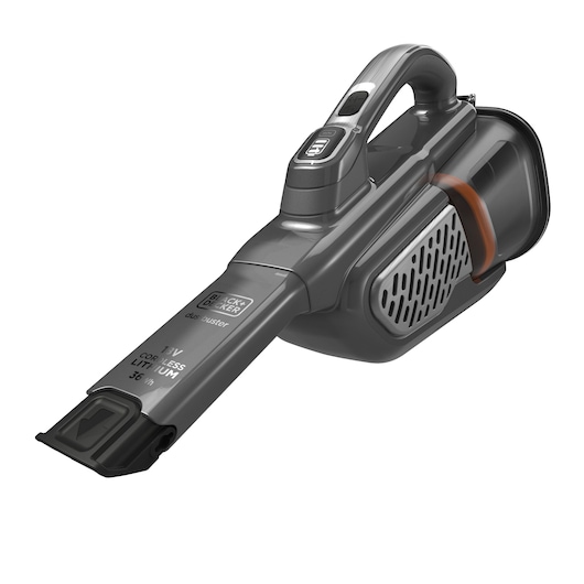 A BLACK+DECKER handheld cordless vacuum cleaner with a sleek grey design, visible nozzle, handle, and battery compartment.