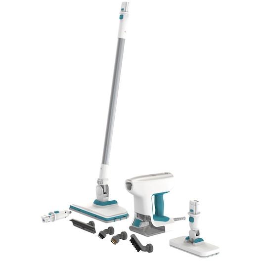 BLACKDECKER BHSM15FX08 steam mop and handheld cleaner with white and teal body, multiple attachments, front angle.