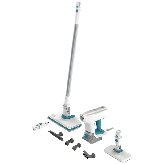 Photo of BLACK+DECKER BHSM15FX08 steam mop set with white and teal handheld unit, extension rod, pads, and multiple attachments, angled view.