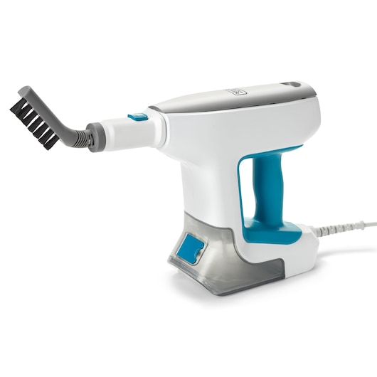 BLACKDECKER BHSM15FX08 handheld steam cleaner with angled brush attachment, white and blue, side view on white background.