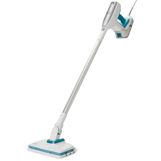 BLACKDECKER BHSM15FX10 white and blue steam mop, angled view on white background.