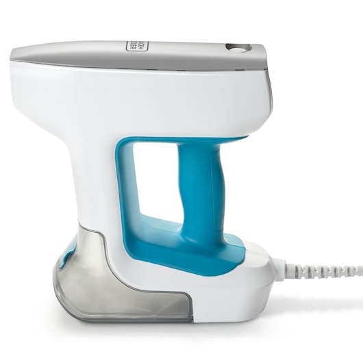 BLACK+DECKER BHSM15FX10 handheld garment steamer side view, white and blue design, detachable water tank.