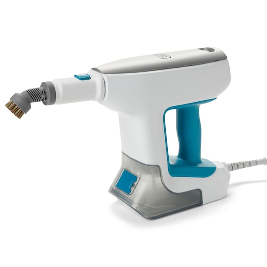 BLACKDECKER BHSM15FX10 handheld steam cleaner with angled brush attachment, side view on white background.