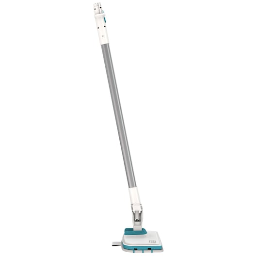 BLACKDECKER BHSM15FX10 steam mop with grey handle and white-blue base, side view on white background.