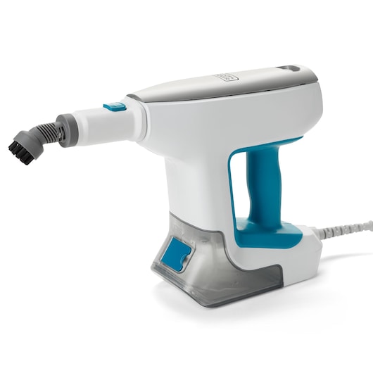 Photo of BLACK+DECKER handheld steam cleaner, SKU BHSM15FX10, white and blue with brush attachment, side angle.