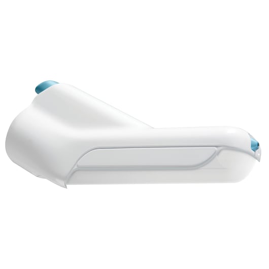 Side view of a white handheld steam mop attachment with light blue accents, designed for use with a BLACK+DECKER steam mop.