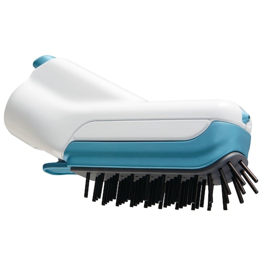 Close-up view of a BLACK+DECKER steam mop brush attachment, featuring a white and blue body with black bristles underneath.