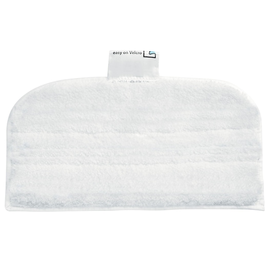 A close-up image of a white microfiber steam mop pad with a Velcro attachment tab at the top. The pad is rectangular with rounded edges and is designed for cleaning floors.
