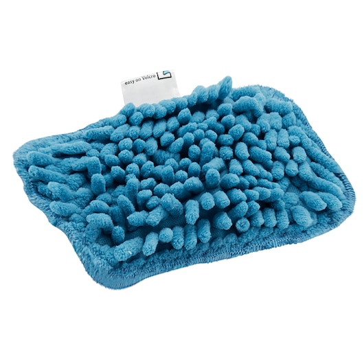 A close-up image of a blue chenille microfiber cleaning pad with soft, textured loops and a fabric tag attached, designed for easy attachment with Velcro.