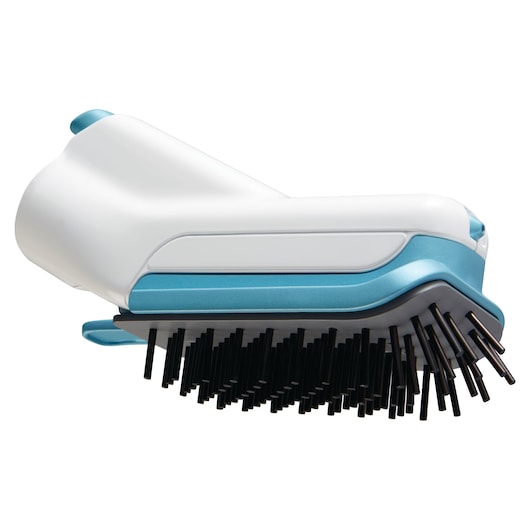 Close-up side view of a BLACK+DECKER steam mop brush attachment with white, blue, and black colors, showing the bristles.