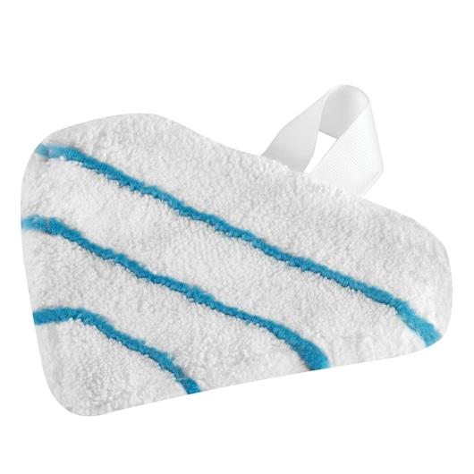 A white triangular-shaped microfiber mop pad with blue stripes and a white fabric loop.