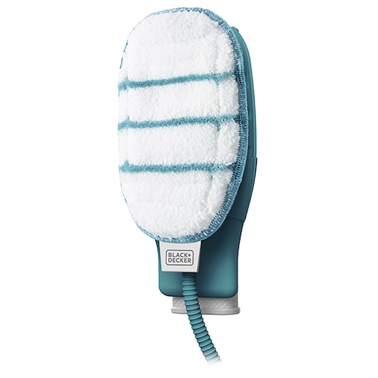 A BLACK+DECKER handheld steam mop with a rectangular white cleaning pad featuring blue stripes, attached to a blue handle with the brand label at the base and a cord extending from it.