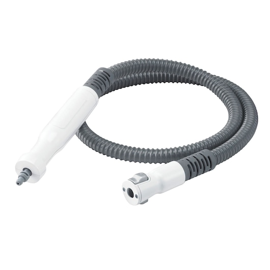 A flexible gray hose with white plastic connectors on each end, designed as an accessory for a cleaning appliance.