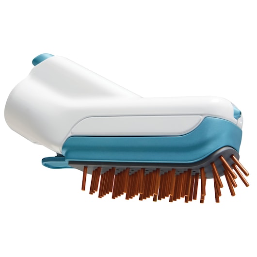 Close-up image of a BLACK+DECKER cleaning brush attachment with white and blue body and orange bristles. The product appears designed for use with a steam mop or similar cleaning device.