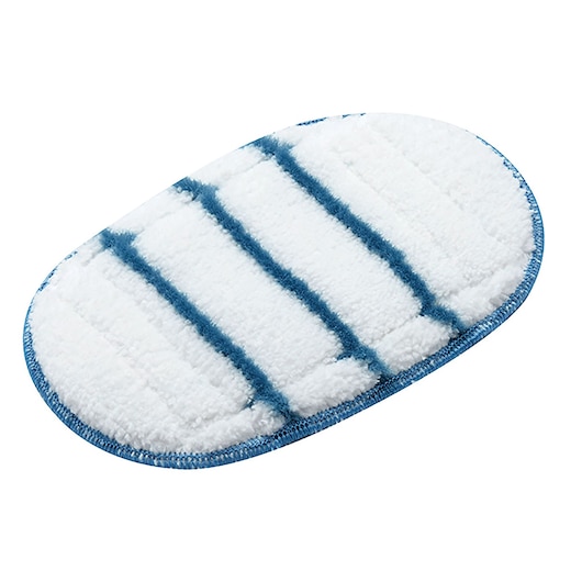 A close-up of an oval-shaped microfiber mop pad with white surface and blue stripes, used for cleaning floors.