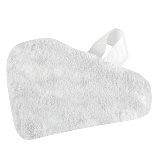 BLACKDECKER BHSM1615DSM white microfiber steam mop pad with strap, close-up on white background.