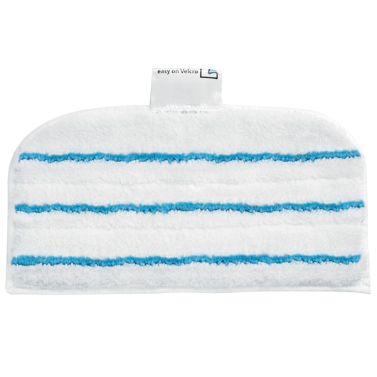 BLACKDECKER BHSM1615DSM white steam mop pad with blue stripes, front angle, on white background.