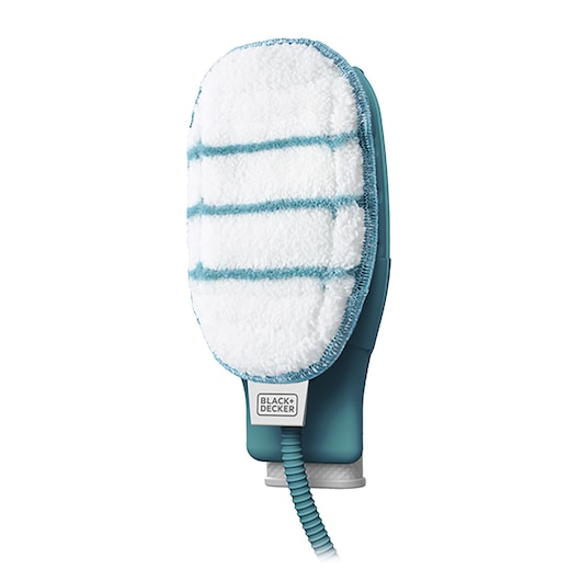 BLACK+DECKER BHSM1615DSM steam cleaning pad with white microfiber surface and blue stripes, front angle.