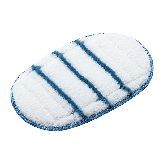 BLACKDECKER BHSM1615DSM white and blue striped oval steam mop pad, close-up, on white background.