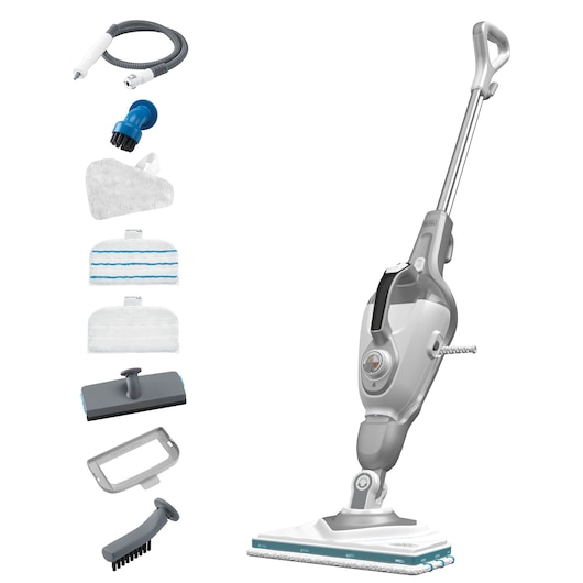 BLACKDECKER BHSM168D steam mop with handle, cleaning pads, hose, brush, and multiple attachments on white background, side angle.